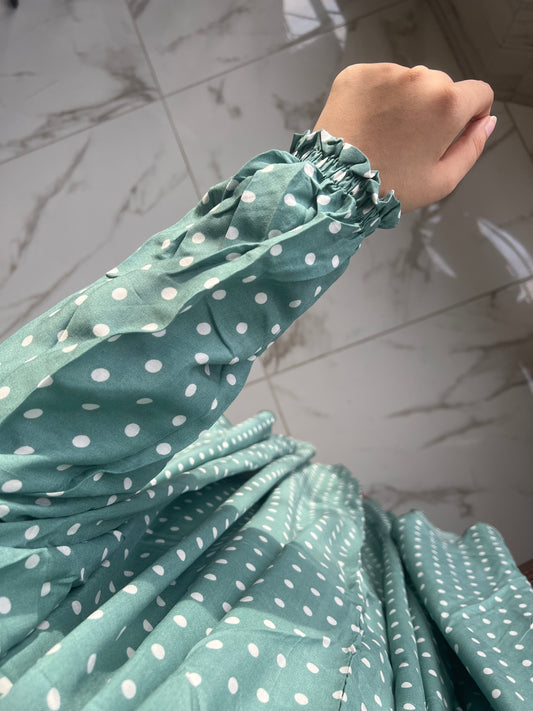 Printed Prayer Gown with Sleeves- Sea Green and White Polkadots