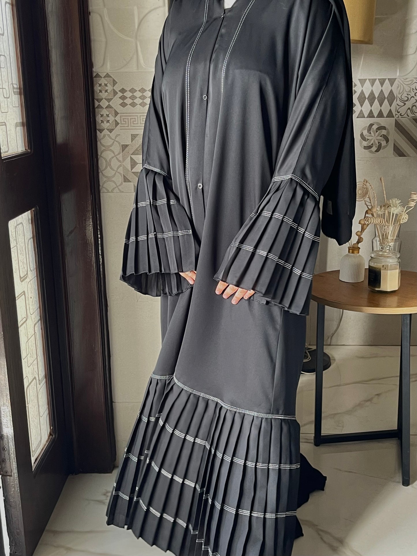 Black Frilled Abaya (White Lining)