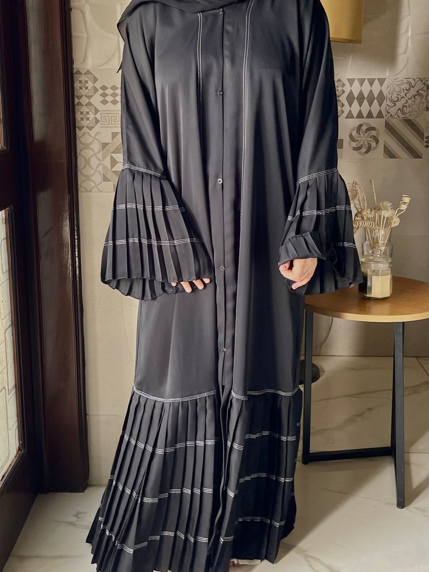 Black Frilled Abaya (White Lining)