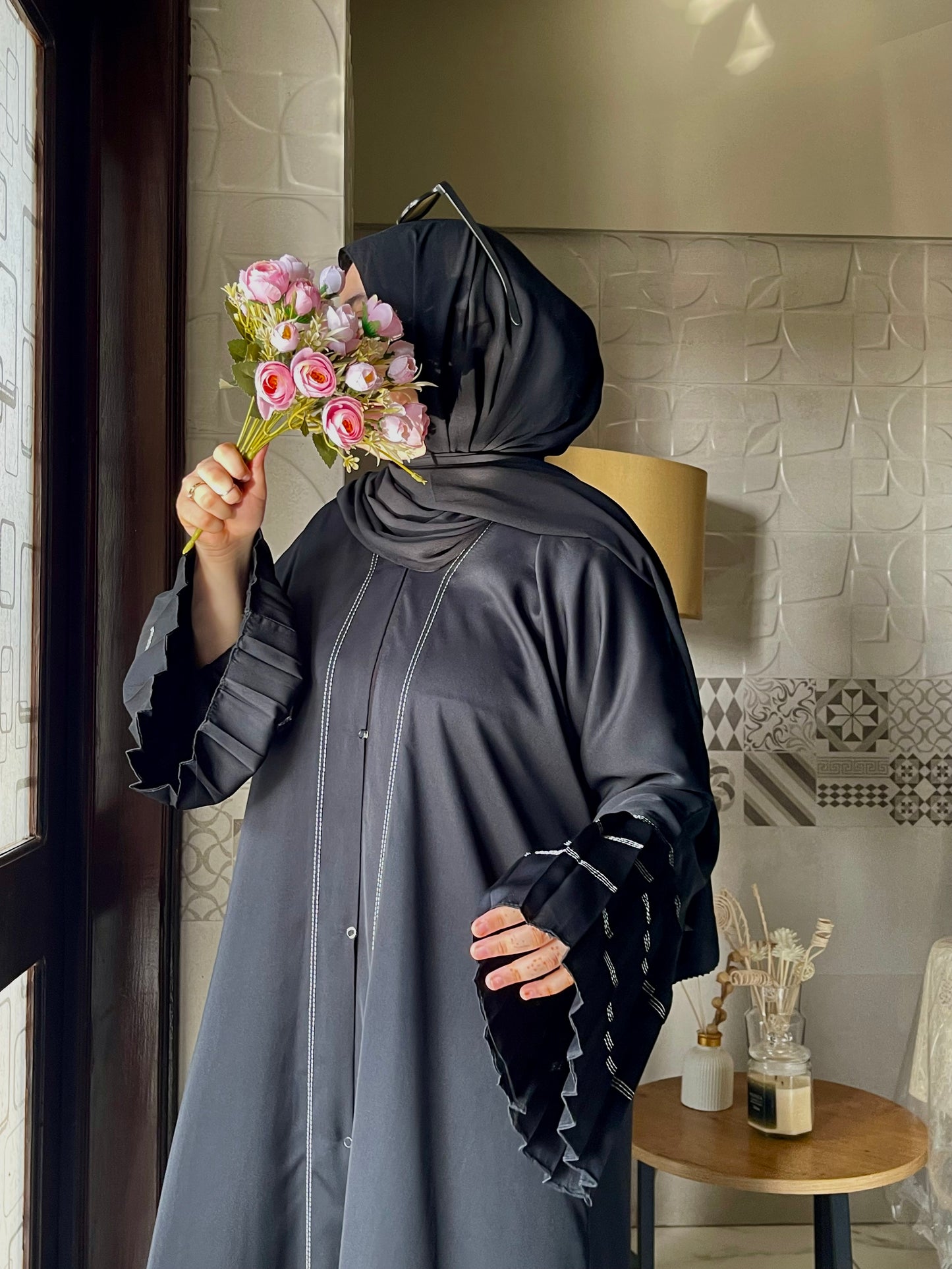 Black Frilled Abaya (White Lining)