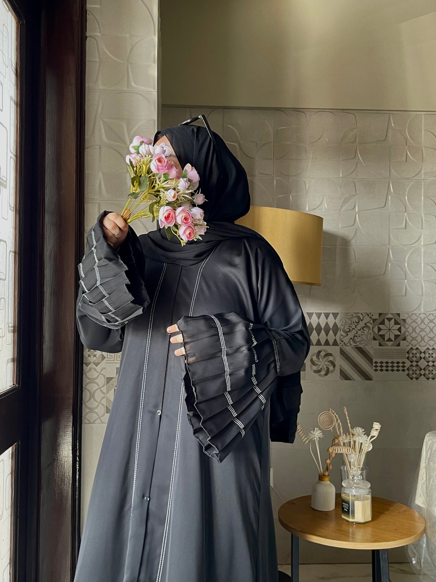 Black Frilled Abaya (White Lining)
