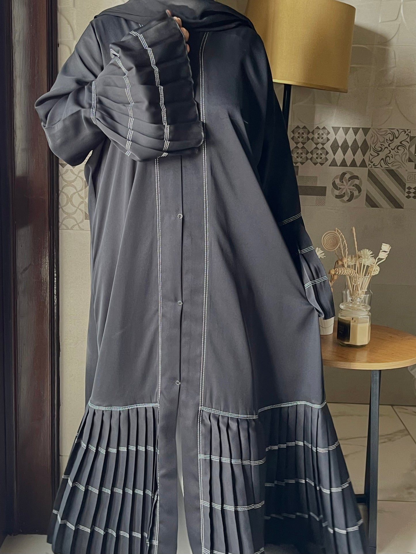 Black Frilled Abaya (White Lining)